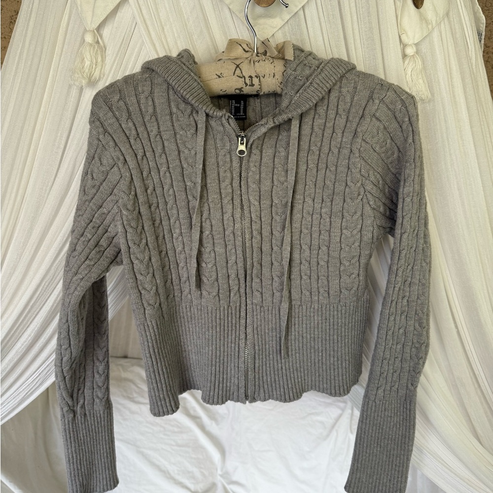 Forever 21 Gray Hooded Cable Knit Cardigan